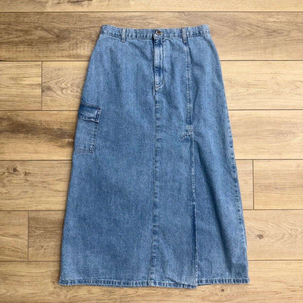 Vintage Denim Maxi Skirt Cargo Pocket Front Slit Blue Jean Cottage Classic READ